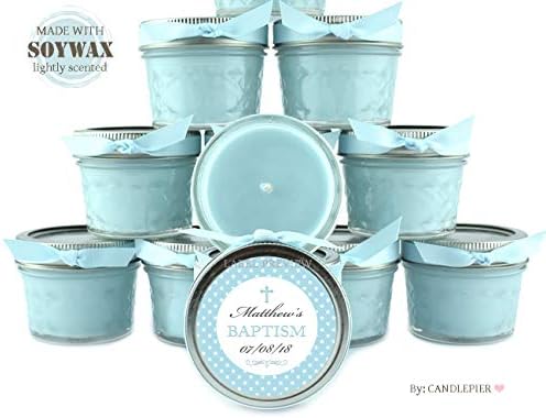12 Blue Baby boy Polka dots Baptism Favors | 4oz Personalized soycandles | Christening Table Decor, Centerpiece | Custom Stickers Labels