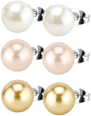 BYO 3 Pairs Faux Pearl Stud Earrings Stainless Steel Hypoallergenic Starter Set for Women Girls 6mm