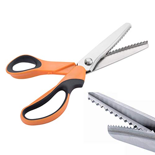 JISTL Professional Stainless Steel Dressmaking Sewing Craft Scissors, 9.3 inches Handled Pinking Shears (Orange)