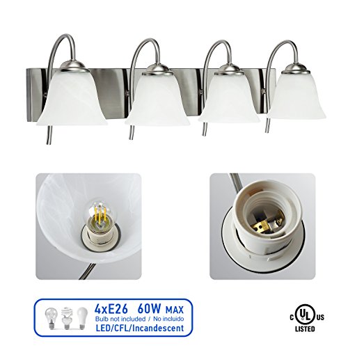OSTWIN 4-Light Bath Bar Light Up or Down, Interior Bathroom Vanity Wall Lighting Fixture VF41, 4x60 Watt E26 Socket, Satin Nickel Finish with Alabaster Bell Glass Shade UL Listed - Thumbnail 4