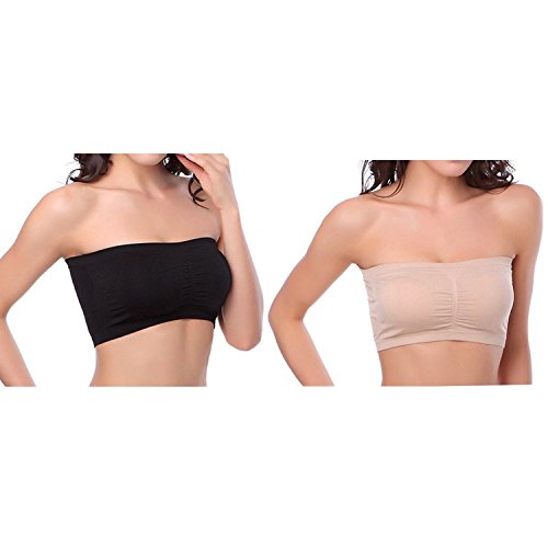 Women's Plus Size Padded Bandeau Strapless Bras Stretch Seamless Tube Top Bra by HOVEOX (Small, 2PACK/Lot (Black + Nude))