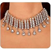 Wiwpar Vintage Boho Full Rhinestones Crystal Silver Choker Necklaces Chunky Choker Pendant Bib Necklace for Women