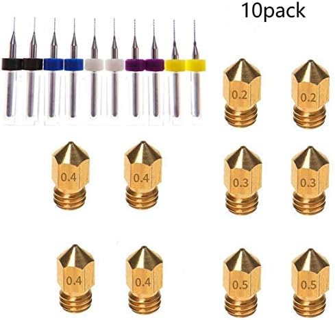 Kee Pang 10pcs MK8 Extruder Nozzle (0.2mm 0.3 mm 0.4mm 0.5mm) Extruder Brass Nozzle Print Head +10 pcs Drill Bits Extruder Nozzle Cleaner for Universal MK8 3D Printer (10pcs Nozzle and Cleaner)