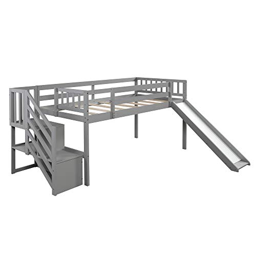 Kids Low Loft Bed with Slide and Storage Twin Loft Bed Frame with