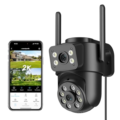 2K Camara Vigilancia WiFi Exterior con Doble Lente, 2,4G/5Ghz Cámaras Vigilancia Domicilio con Visión Nocturna Color, Seguimiento Automático, Audio Bidireccional, Grabación Continua 24/7