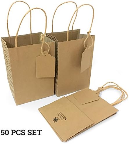Brellavi Kraft Paper Bags 5.5 x 4 x 8 Inch+Gift Tags 50 Pcs - Recyclable Shopping Bags With Handles, Perfect for Merchandise Bags, Paper Shopping Bags,Craft Bags-100% Natural Unbleached Gift Bag Set