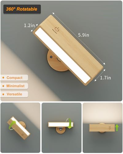 DetarZinLED Wall Lamp with USB Charging Battery, Rechargeable Bedside Lamp, Adhesive Interior Wall Lamps for Bedroom without Cable (Beech Wood, 2 Pcs)