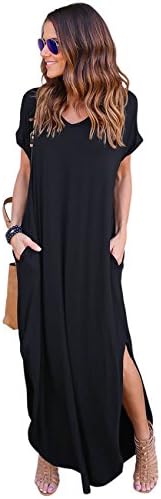 ANERT Women Casual V Neck Side Split Long Maxi Dress with Pockets, Black, 10