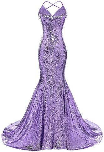 DYS Women's Sequins Mermaid Prom Dress Spaghetti Straps V Neck Backless Gowns