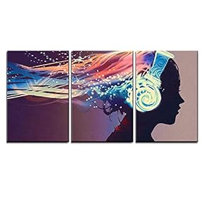 3 Piece Canvas Wall Art - Woman with Magic Glowing Headphones on Dark Background,Illustration Painting - Modern Home Art Stretched and Framed Ready to Hang - 16"x24"x3 Panels