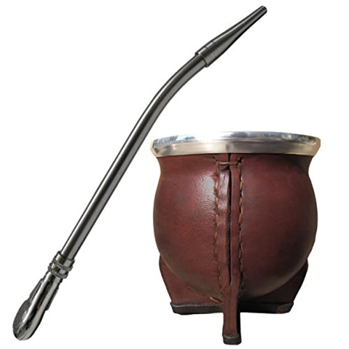 Ceramic Leather Mate Cup Cuia Shape with Bombilla to Drink Yerba Mate