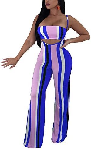 Women 2 Piece Outfits Clubwear Sexy Tube Crop Top Wide Leg Flare Bell Bottom Suspender Pants Set Stripes Jumpsuit