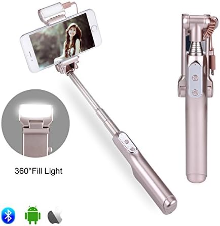 GEANOV Bluetooth Selfie Stick, with 360 Degree Led Fill Light, Rear Mirror, Adjustable Head and a Carrying Bag, Fits for iPhone X/8/7/7Plus/6sPlus, Galaxy S7/S8, Huawei and More (A6-Gold)