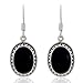 925 Sterling Silver Black Onyx Gemstone Oval Rope Edge Vintage Dangle Hook Earrings 1.4