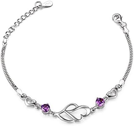 Sterling Silver Bracelet, Women Purple Heart To Heart Cubic Zirconia Link Bracelet Crystal Bangle Bracelet Mothers's Day Gift (heart to heart-2)