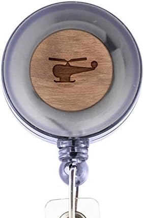 Modern Goods Shop Helicopter Id Badge Holder - Wooden ID Holder - Laser Engraved Design Custom ID Holder - Clip On Belt/Pocket Retractable ID Badge Holder