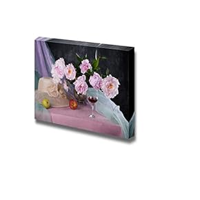 Canvas Prints Wall Art - Still Life with Beautiful Pink Peonies and Fruits - 12" x 18"