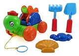 Turtle Sand Wheel Pull Wagon Beach Toy for Kids with Shovel, Rake, Crab & Shell Shape Molds (color may vary)