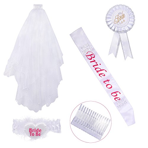 Wartoon Bridal Wedding White Veil with Comb and Bride to Be Sash Garter Rosette Badge Accessory kit for Hen Night Party Wedding Decorations - 4 Pieces White