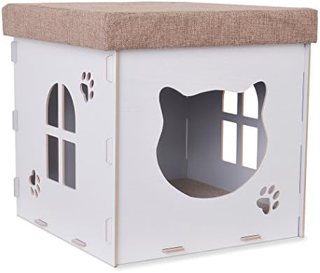 Dipet Wood Cat Cube Condo, Cat Bed House, Pet Ottoman, 15.7"H, (White)