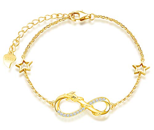MicLee Woman's girl's Bracelet, 925 Sterling Silver bracelet, Lucky dragon and infinity symbol bracelet, with mini hollow star, Inlaid zircon, adjustable chain, design of animal bracelet