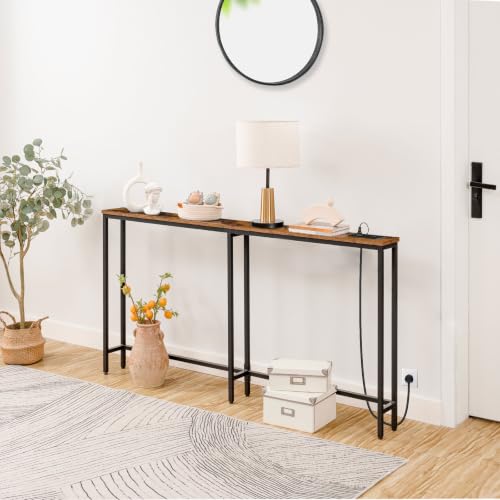 HOOBRO Extra Narrow Console Table with Power Outlets, Skinny Entryway Table for Living Room, 160 cm Slim Behind Couch Table, Thin Sofa Table for Hallway, Foyer, Rustic Brown and Black EBF165KXG01