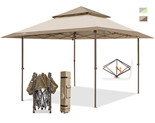 Photo 1 of EAGLE PEAK 13'x13' Straight Leg Pop Up Canopy Tent Instant Outdoor Canopy Easy Single Person Set-up Folding Shelter w/Auto Extending Eaves 169 Square Feet of Shade (Beige/Brown)