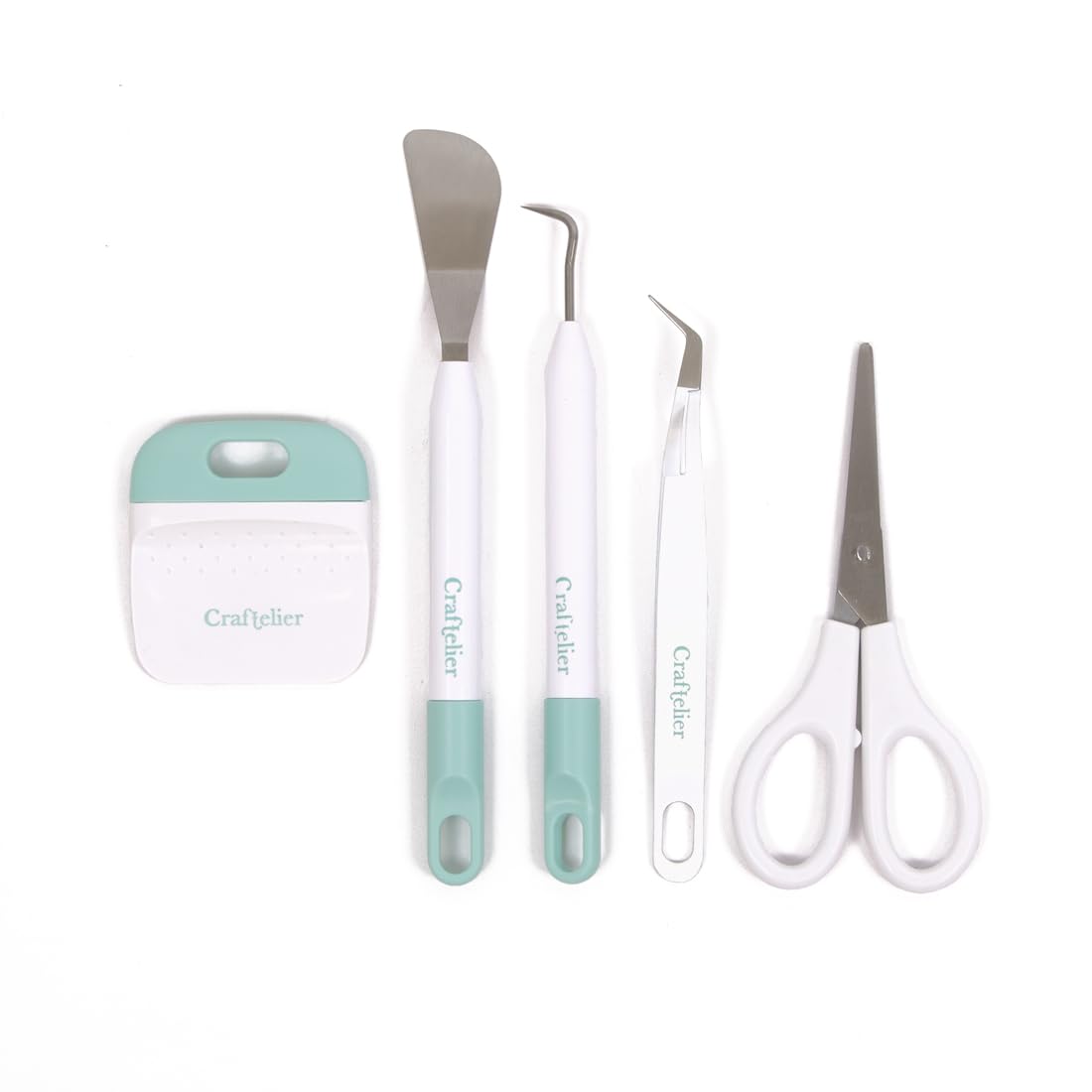 Craftelier - Set of 5 Basic Tools for Various Scrapbooking Materials and Crafts such as Vinyl and Paper | Scissors, Spatula, Hook, Scraper and Tweezers | White and Turquoise