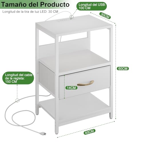SIMPLE ESPACIO Buros para recamara -Mesita de Noche,Mesa Auxiliar con Estación de Carga 2 enchufes y Puertos USB y Tira luz LED.(cajón Tela Cuero Blanco)