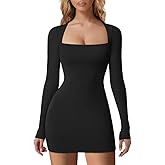 HYZ Women's Fall Casual Long Sleeve Square Neck Going Out Party Mini Tshirt Dress