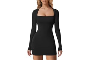 HYZ Women's Fall Casual Long Sleeve Square Neck Going Out Party Mini Tshirt Dress