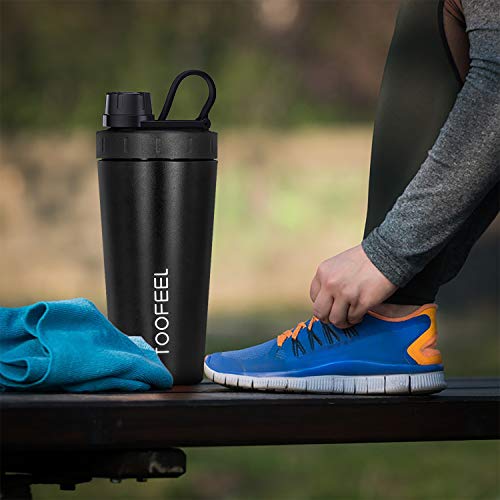 TOOFEEL Protein Shaker Bottle, Stainless Steel Sports Water Bottle Shaker Cup with Visible Window, Leak Proof, 28-Ounce, BPA Free