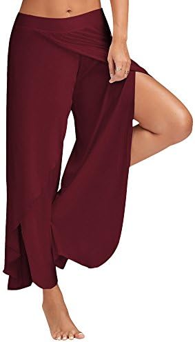 SiYuan Womens High Split Palazzo Pants Layered Elastic Wide Leg Pants US0/Asian M Wine Red 5325