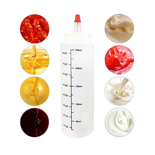 AILELAN Squeeze Bottle, 12 Pack 8 oz Condiment Squeeze Bottles with Red Tip Cap & Scale Plastic Squirt Bottle for Ketchup, Sauces, Syrup, Dressings, Arts & Crafts - Thumbnail 2