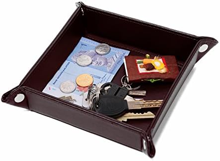 Uworth Small Leather Valet Catchall Snap Jewelry Tray Bedside Storage Tray for Key, Coin, Phone Brown