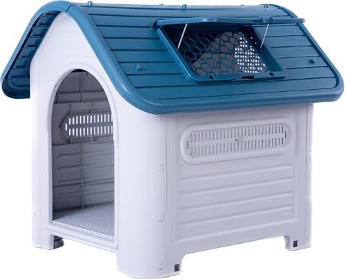 Lanco - Kennel for Medium Dogs with Adjustable Sunroof. Indoor and outdoor use with vents. Resistant material. 35x28x30 inches (L*W*H). Blue and White.