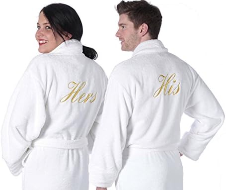 Towelsrus His & Hers Luxury Shawl Collar Bathrobe Set, Hers - Medium, His - Large, White, 100% Cotton, 550gsm