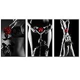 Live Art Decor - Silhouette of Sexy Women Canvas Wall Art,Nude Girl with Red Rose Picture Canvas Print,3 Pieces Naked Girl Wall Art,Bedroom Decoration Ready to Hang - 48