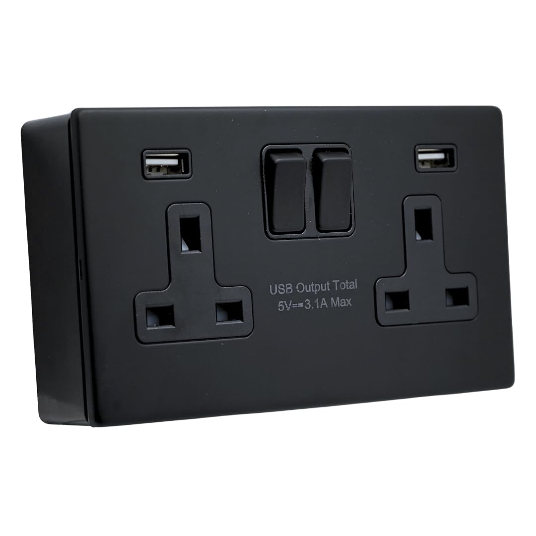 SHP ELECTRICAL® Screwless Matt Black Metal 2 Gang 13A Switched Socket and 25mm Surface Mount Pattress Box FASTCHARGE 15W USB Ports (2 Gang USB Socket (Type A) + Back Box)