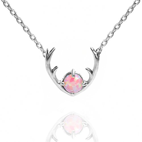 PAVOI Rhodium Plated Native American Jewelry Pink OPAL Deer Antler Necklace 16-18"