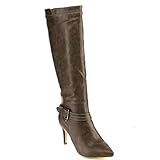 DE BLOSSOM COLLECTION NANCY-21X Women Pointy Toe Buckle Strap Side Zip Knee High Stiletto Boot