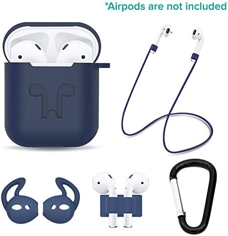Casism AirPods Case 5 in 1 Airpods Accessories Kits Protective Silicone Case and Cover for Charging Case with Airpods Strap/Airpods Ear Hooks/Anti-Lost Carabiner/Airpods Watch Band Holder (Navy)
