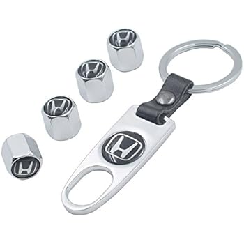 INCART Universal Steel (4pcs) Car Tire Valve Stem Air Caps Cover + (1pcs) Keychain for Honda Silver