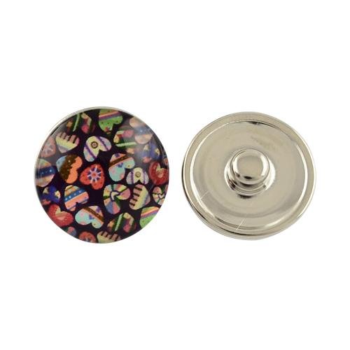Pandahall 5pcs Platinum Tone Flat Round Brass Heart Snap Jean Buttons with Glass Cabochon, Colorful, 18x10mm; Knob: 5mm