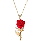 Izpack Red Rose Flower Pendant Nacklace 3D Velvet Floral Cubic Zirconia Leaf Chain Adjustable Necklaces Gold Plated Romantic Jewelry for Women Mother Couple
