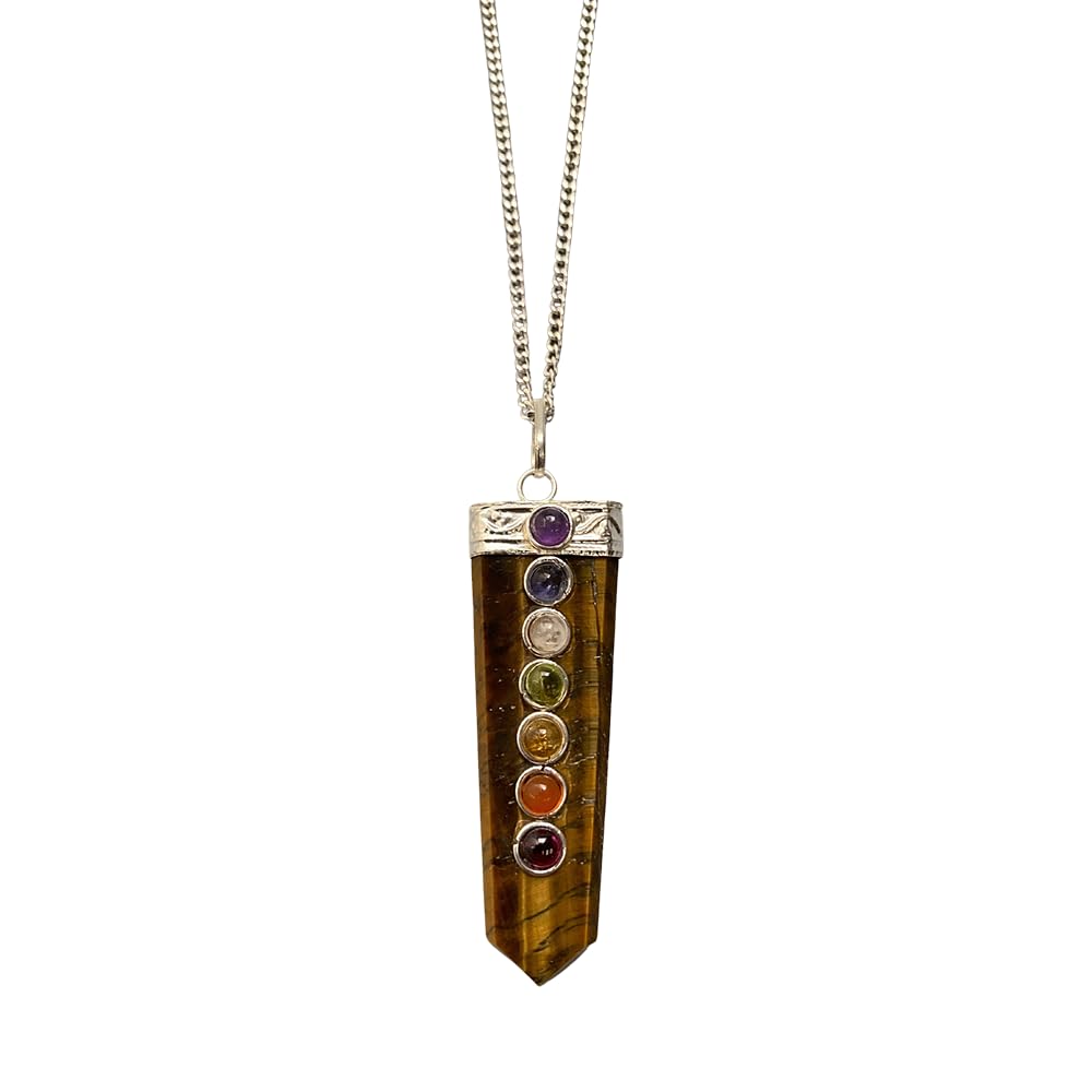 VIE 7 Chakra Flat Pendant, Silver Chain, 5x1.5cm (Tiger's Eye)