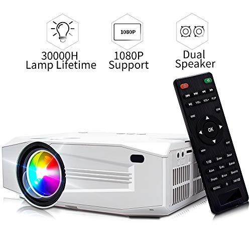 Mini Projector, 1080P HD Supported Portable Video Projector with 30000H Lamp, Compatible with TV Stick, HDMI, USB , AV, DVD, for Multimedia Home Theater, Built-in Daul Speaker, Four Display Mode[GRC]
