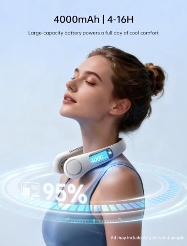 JISULIFE Portable Neck Fan, Hands-Free Bladeless, 5 Speeds, 4000 mAh Battery Operated Wearable Personal Fan, Twistable, Rechargeable, Gift for Women Men-Grey