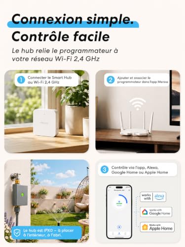 meross Programmateur Arrosage WiFi avec Smart Hub, Arrosage Automatique pour Jardin, App & Commande Vocale, Pause Pluie, Suivi Conso d’Eau, Raccords en Laiton, IP65, Alexa, Google et Apple Home, Gris