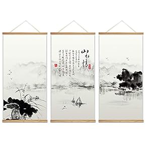 3 Panel Hanging Poster with Wood Frames - Ink Painting Style Mountain and Lake - Ready to Hang Decorative Wall Art - 18"x36" x 3 Panels